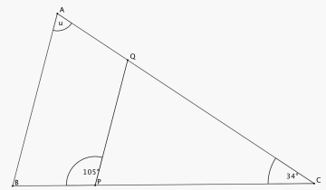 Trekant ABC der vinkelen C er 34 grader og vinkelen CAB er u. Trekanten er delt i to med linjestykket PQ og vinkelen BPQ er 105 grader.